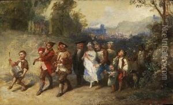 Hochzeitsgesellschaft In Einem
 Boot - Brautzug Mit Musikanten. Oil Painting - Francois Louis Lanfant de Metz