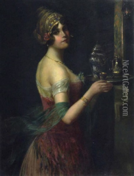 Jeune-fille Servant Le The Oil Painting - Gustave Luentzel