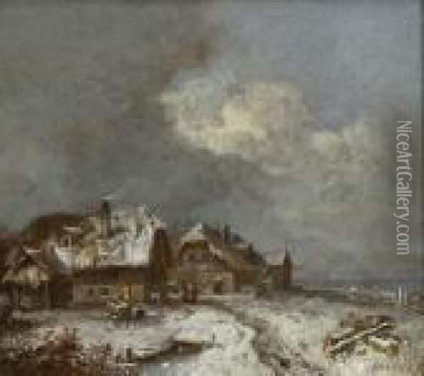 Winterliches Dorf (die Hauser Von
 Forstenried) Oil Painting - Heinrich Burkel