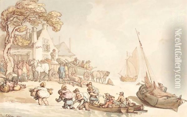 Travellers Landing On The Coast Of Holland Oil Painting - Thomas Rowlandson