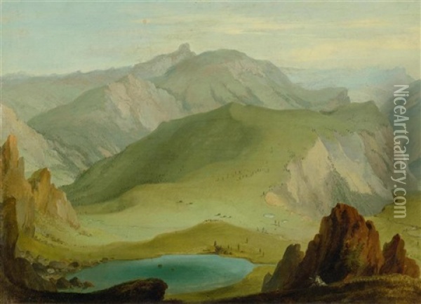 View From Muntiggalm Over Lake Seeberg Towards The Stockhorn Chain And Manniggrat Oil Painting - Caspar Wolf