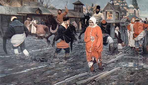 A Seventeenth Century Moscow Street on a Holiday, 1895 Oil Painting - Andrei Petrovich Ryabushkin
