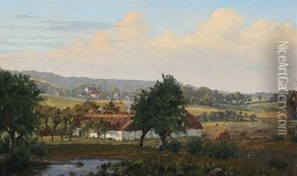 Landscape From Barlose With A View Of A White Farm With Thatched Roof Oil Painting - Jorgen Gantzel Blicher Dreyer