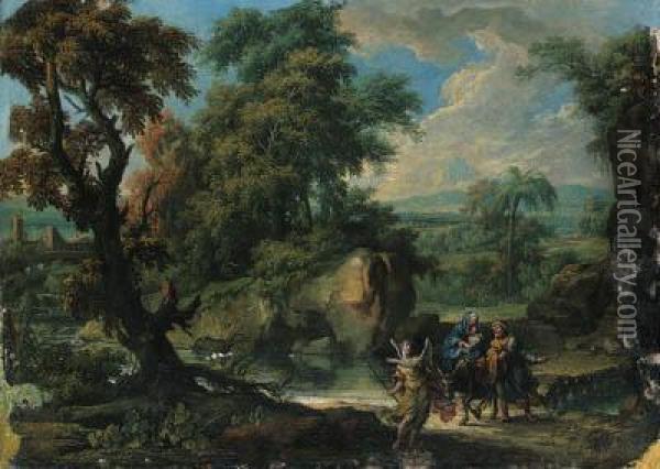 A Wooded River Landscape With The Flight Into Egypt Oil Painting - Jan Frans Van Bloemen (Orizzonte)
