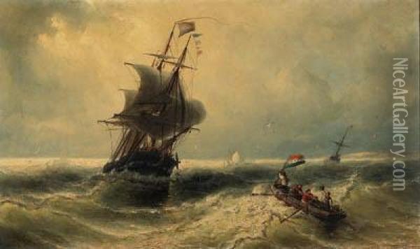 Sailors In A Rowing-boat Approaching A Dutch Three-master In Aswell Oil Painting - Nicolaas Riegen