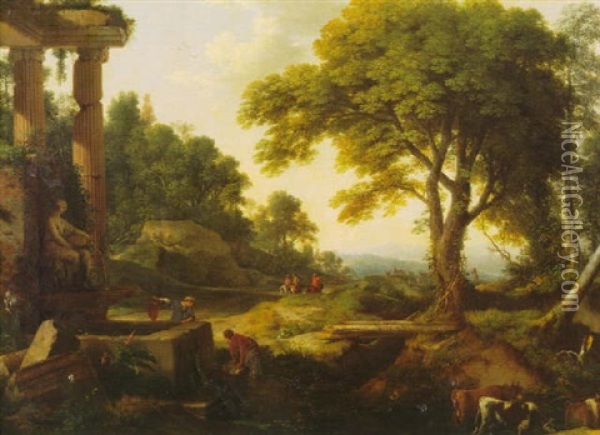 Landscape With Two Women At A Fountain, A Herd Of Cows At A Stream And Travelers On Horseback Beyond Oil Painting - Laurent de (LaHyre) LaHire