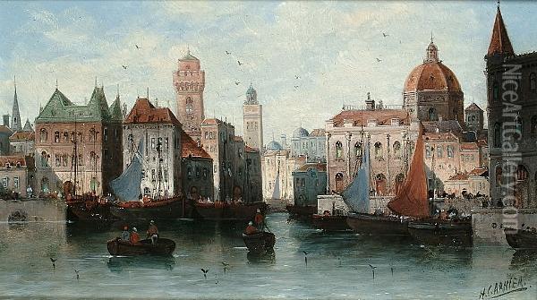 Castel Sant Angelo From The Tiber; And A Capriccio Of An Italian Town On A River Oil Painting - Karl Kaufmann