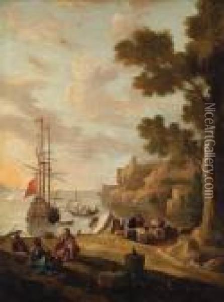 A Mediterranean Coastline With Travellers On The Shore, Aman-o'-war Beyond Oil Painting - Jacob De Heusch