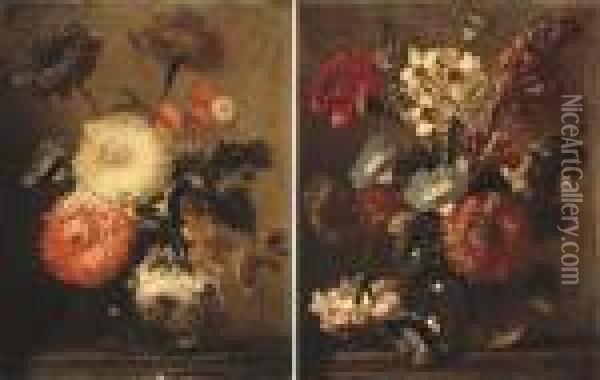 Mixed Flowers In A Glass Vase On
 A Stone Ledge; And Mixed Flowers In A Glass Vase On A Stone Ledge Oil Painting - Frans Werner Von Tamm