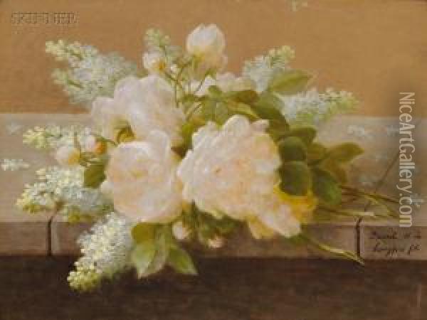 White Roses And Lilacs Upon A Marble Sill Oil Painting - Paul De Longpre