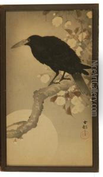 Depicting A Crow On A Flowering Tree Branch With Full Moon Oil Painting - Ohara Koson