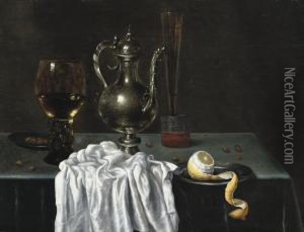 Still Life A 'roemer' Of White Whine, A Pewter Plate With Hazelnuts. Oil Painting - Willem Claesz. Heda