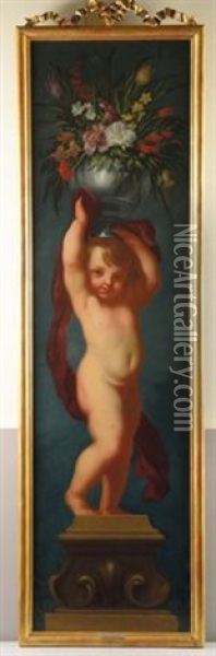 Putti Con Vasi Di Fiori (pair) Oil Painting - Domenico Piola