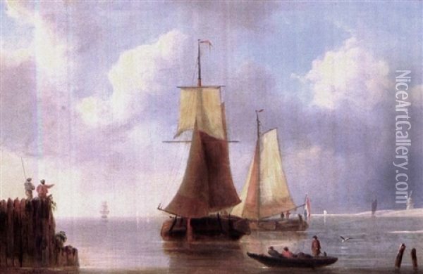 Voiliers Aux Abords D'un Port En Hollande Oil Painting - Johannes Hermanus Koekkoek