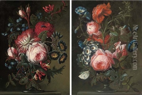 Roses, Forget-me-nots, Morning Glory And Other Flowers In A Glass Vase On A Stone Ledge (+ Roses, Morning Glory, Peonies And Other Flowers In A Glass Vase With A Butterfly On A Stone Ledge; Pair) Oil Painting - Rachel Ruysch