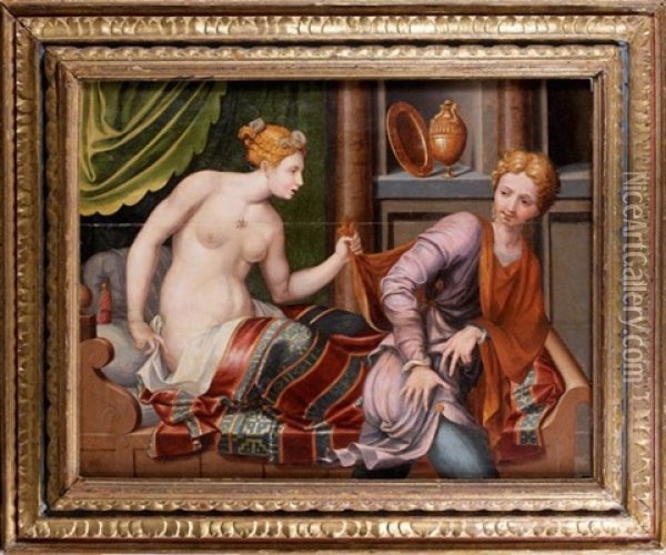 Joseph Et La Femme De Putiphar (in 3 Parts) Oil Painting - Jan Van Scorel