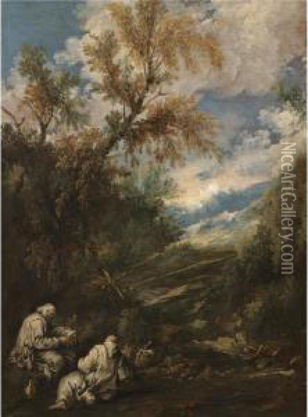 A Wooded Landscape With Saints Anthony The Great And Paul The Hermit Oil Painting - Antonio Francesco Peruzzini