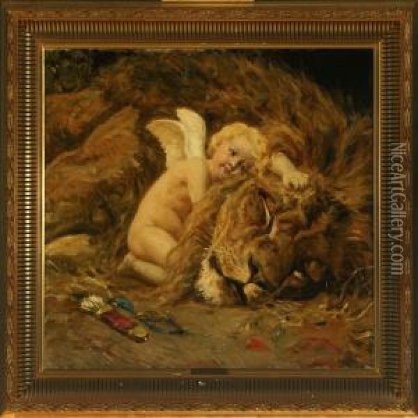Amor By A Male Lion Oil Painting - Valdemar Irminger