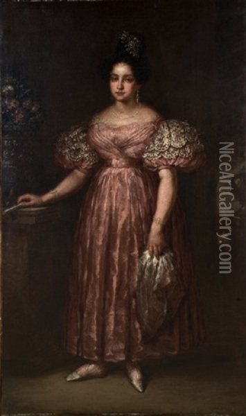 Ritratto Di Nobildonna In Piedi, A Figura Intera, Con Abito Rosa E Ventaglio In Mano Oil Painting - Eugenio Lucas Velazquez