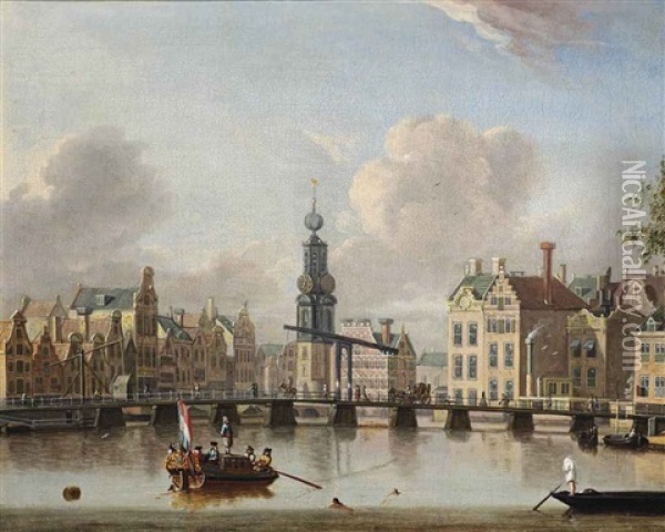 A View Of The Munt, Amsterdam With Figures In Boats And Swimming In The Canal Oil Painting - Jacobus Storck