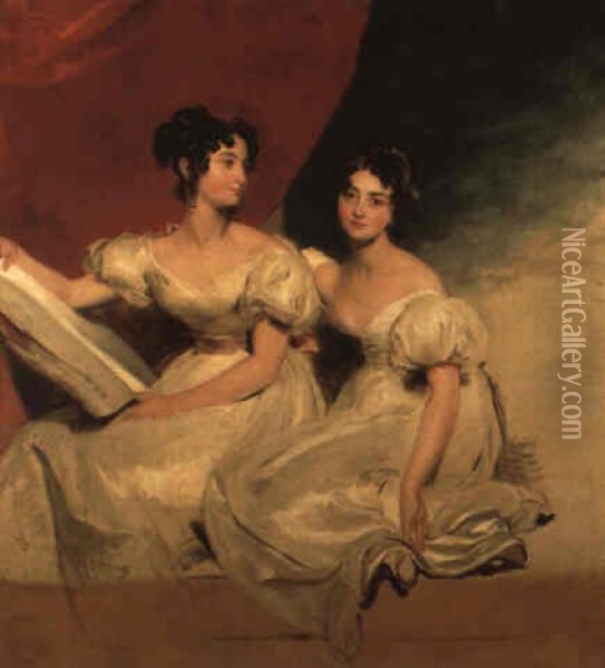 Double Portrait Of The Fullerton Sisters In White Dresses Near A Red Curtain Oil Painting - Thomas Lawrence