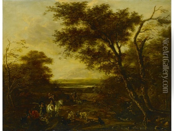 A Wooded Landscape With Huntsmen And Their Dogs Oil Painting - Jan Asselijn