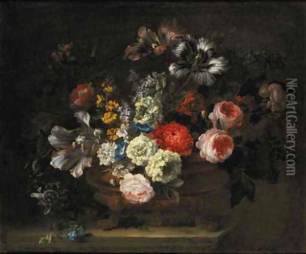Roses, tulips, lilies, chrysanthemums, lilac, gentians and yellow sage in an urn on a marble ledge Oil Painting - Jean-Baptiste Monnoyer