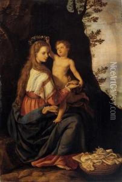 Madonna Being Crowned With A Garland Of Flowers By The Christ Oil Painting - Alessandro Allori