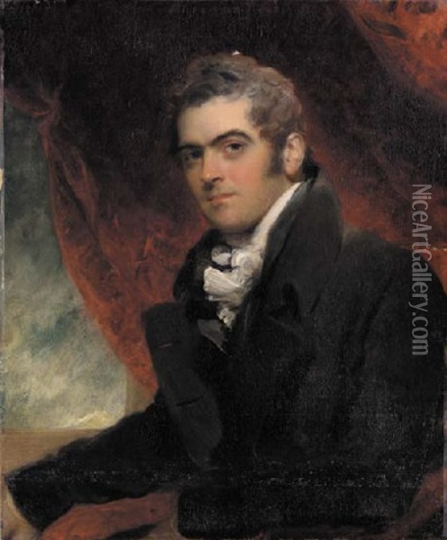 Portrait Of William Dacres Adam, Seated In A Black Coat, Before A Red Curtain Oil Painting - Thomas Lawrence
