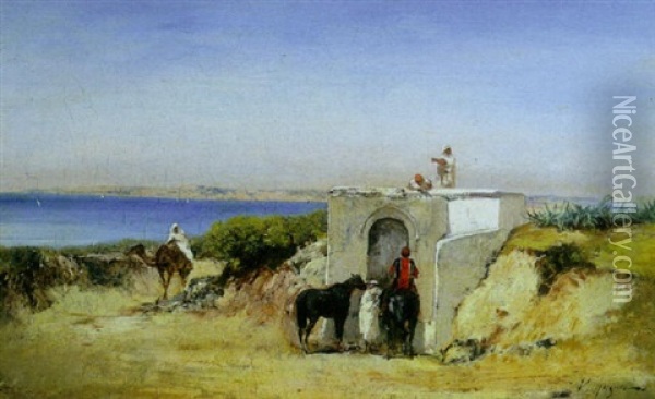 Arab Horseman At A Well With The Sea Beyond Oil Painting - Victor Pierre Huguet