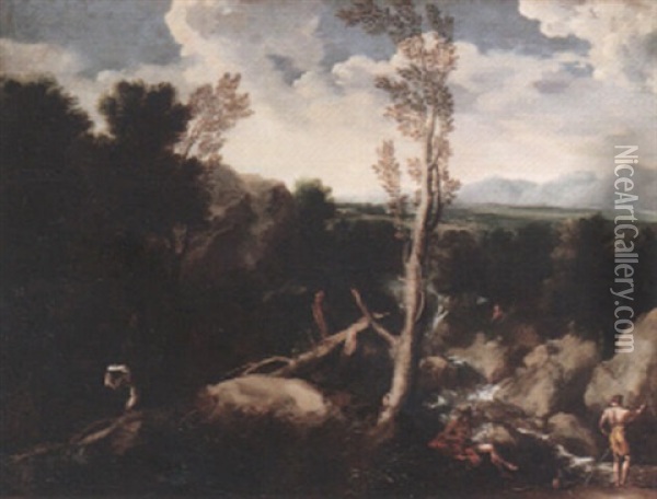 Rocky Wooded Landscape With Figures By A Torrent Oil Painting - Gaspard Dughet