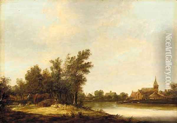 A river landscape with cows on a bank, a view of Dordwyk beyond Oil Painting - Aelbert Cuyp