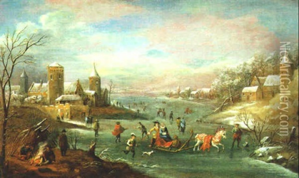 Winterlandschaft Mit Pferdeschlitten Auf Einem Flus Oil Painting - Robert Griffier