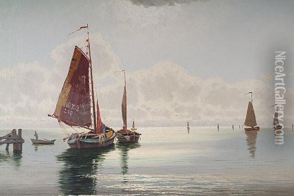 Sailing Barges And A Fishing Fleet Putting Outto Sea Oil Painting - Ernst Lorenz-Murowana