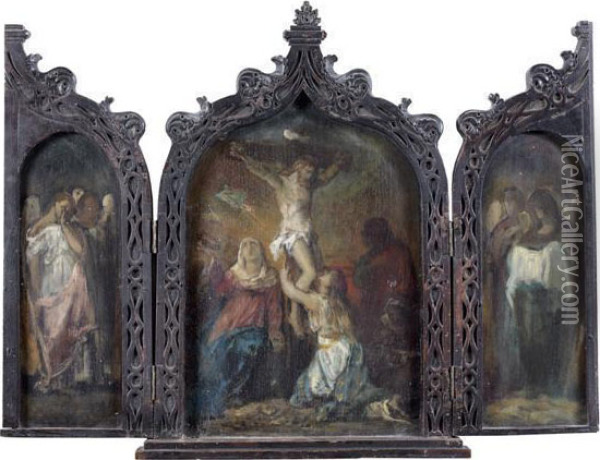 Crucifixion Entre Un Ange Pleurant Et Sainte Veronique Tenant Son Voile Oil Painting - Theodore Chasseriau