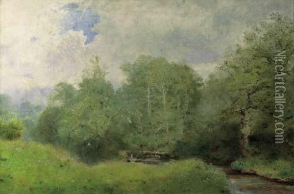 A Wooded River Valley With Bathers By A Fallen Tree Oil Painting - John William North