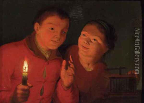 Children watching a birdcage by candlelight Oil Painting - Godfried Schalcken