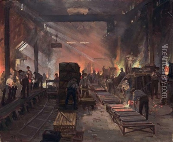 Munition Works: The Foundry Oil Painting - Albert Henry Fullwood
