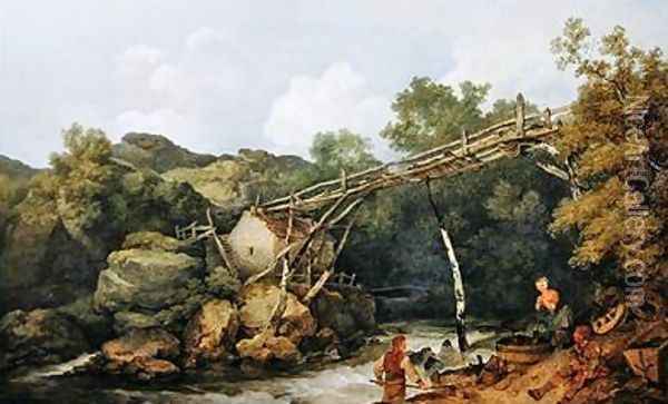 A View near Matlock Derbyshire with Figures Working beneath a Wooden Conveyor 1785 Oil Painting - Philip Jacques de Loutherbourg