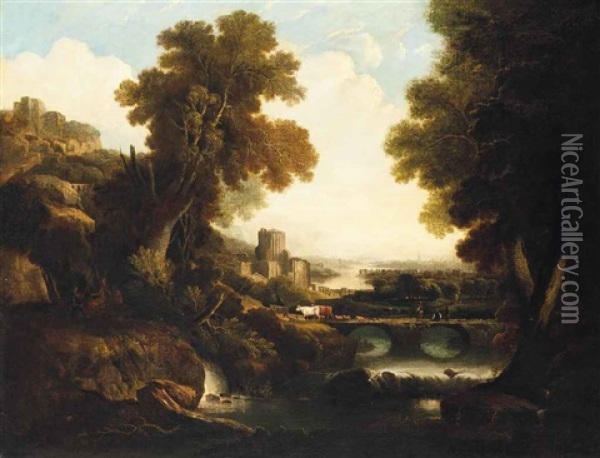 A Wooded River Landscape With Drovers And Their Herd, With Classical Ruins And A Settlement Beyond Oil Painting - George Smith of Chichester