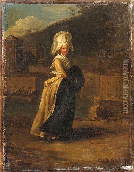 'La Coquette' A Lady walking by a River Oil Painting - Henri Pierre Danloux