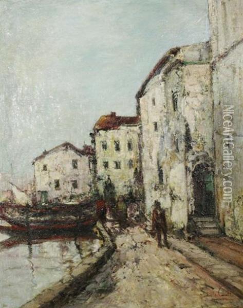 Impressionist Dock And Street Scene Oil Painting - John Le Conte