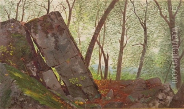 Rock Formations In A Quiet Wood (+ Moon Rise; 2 Works) Oil Painting - Nelson Augustus Moore