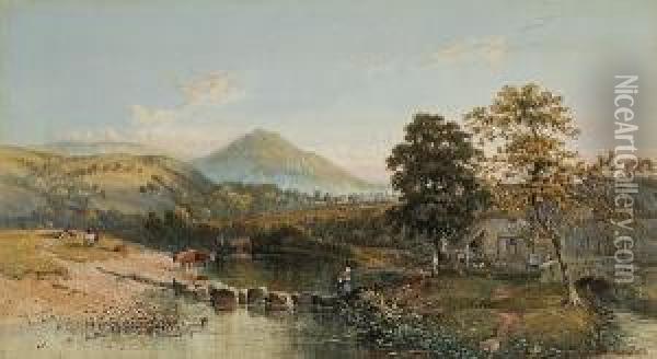 An Extensive River Landscape With A Woman Crossing The Water On Stepping Stones Oil Painting - Philip Mitchell