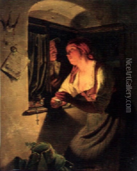 Eine Sennerin Bei Lampen Unter Kienspanlicht, Ihren Liebsten Erwartend Oil Painting - Carl Friedrich Moritz Mueller