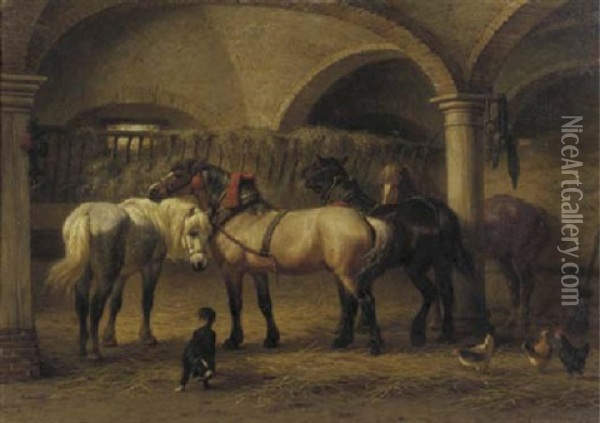 Horses In A Stable Oil Painting - Willem Carel Nakken