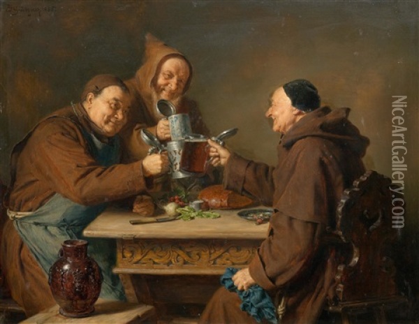 Three Monks At Mealtime Oil Painting - Eduard von Gruetzner