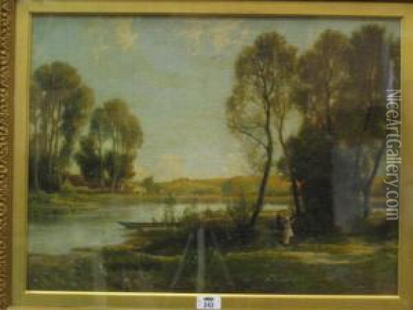 R.b.a English Country Scene With River And Figures Oil On Canvas 46cm X 61cm Oil Painting - John Fullwood