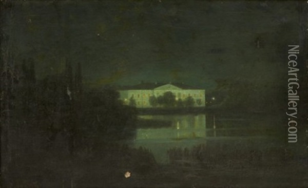 Lakeside Mansion In Moonlight Oil Painting - Arkhip Ivanovich Kuindzhi