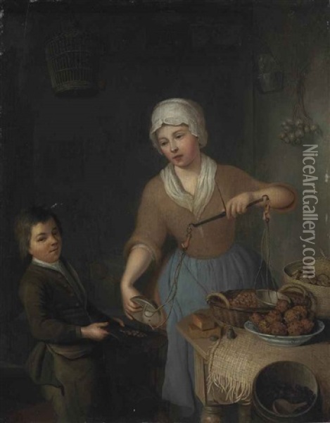 A Maid And A Boy Weighing Hazelnuts Oil Painting - Frans Van Der Myn
